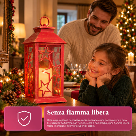 Lanterna Natalizia Rossa LED 30 cm, Cero con Effetto Fiamma, da Appendere o Appoggiare, 14x14x30 cm, 2 Decori Disponibili: Stelle o Fiocchi di Neve