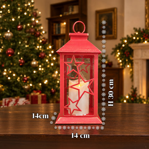 Lanterna Natalizia Rossa LED 30 cm, Cero con Effetto Fiamma, da Appendere o Appoggiare, 14x14x30 cm, 2 Decori Disponibili: Stelle o Fiocchi di Neve