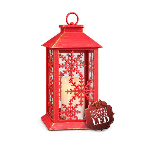 Lanterna Natalizia Rossa LED 30 cm, Cero con Effetto Fiamma, da Appendere o Appoggiare, 14x14x30 cm, 2 Decori Disponibili: Stelle o Fiocchi di Neve