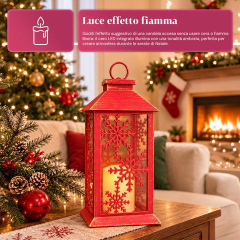 Lanterna Natalizia Rossa LED 30 cm, Cero con Effetto Fiamma, da Appendere o Appoggiare, 14x14x30 cm, 2 Decori Disponibili: Stelle o Fiocchi di Neve