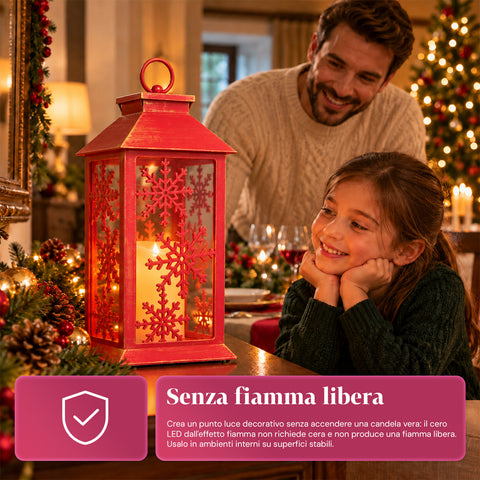 Lanterna Natalizia Rossa LED 30 cm, Cero con Effetto Fiamma, da Appendere o Appoggiare, 14x14x30 cm, 2 Decori Disponibili: Stelle o Fiocchi di Neve
