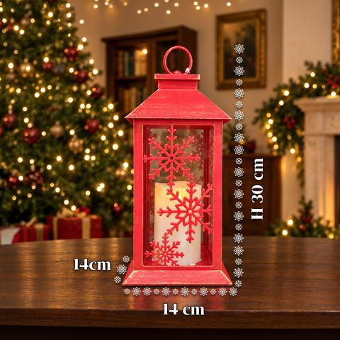 Lanterna Natalizia Rossa LED 30 cm, Cero con Effetto Fiamma, da Appendere o Appoggiare, 14x14x30 cm, 2 Decori Disponibili: Stelle o Fiocchi di Neve