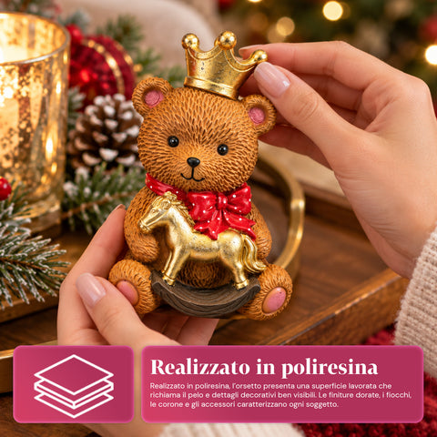 Orsetto decorativo natalizio in poliresina 16x15x21 cm, soprammobile orso Natale, statuina ornamento addobbo decorazione casa natalizia, assortiti