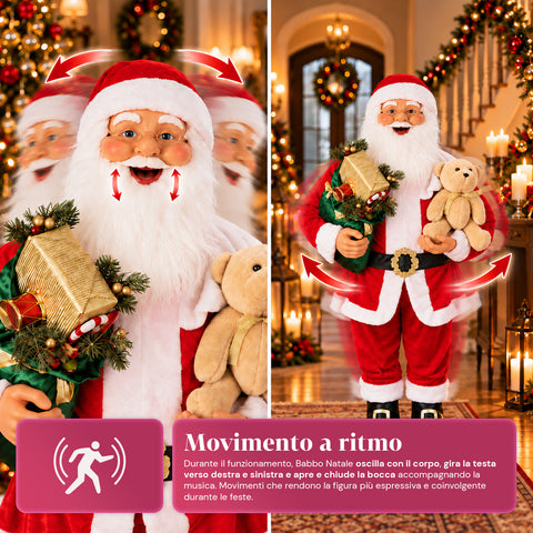 Babbo Natale Danzante 150 cm con Musica, Canto e Movimento - Decorazione Natalizia da Interno con Pulsante, Base 38 cm, Rosso