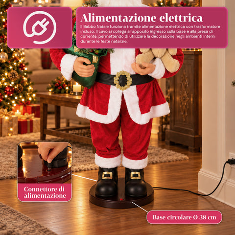 Babbo Natale Danzante 150 cm con Musica, Canto e Movimento - Decorazione Natalizia da Interno con Pulsante, Base 38 cm, Rosso