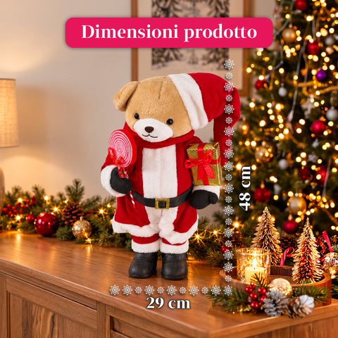 Orsetto Natalizio in peluche con abito rosso e bianco, tre misure per decorare gli interni