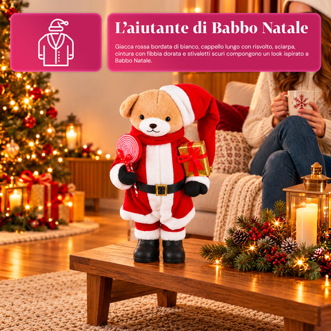 Orsetto Natalizio in peluche con abito rosso e bianco, tre misure per decorare gli interni
