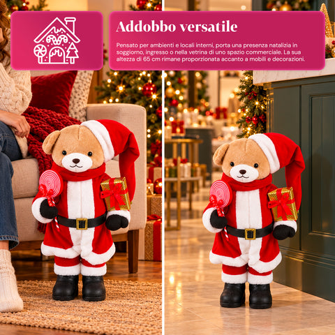 Orsetto Natalizio in peluche con abito rosso e bianco, tre misure per decorare gli interni