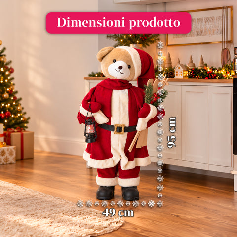 Orsetto Natalizio in peluche con abito rosso e bianco, tre misure per decorare gli interni