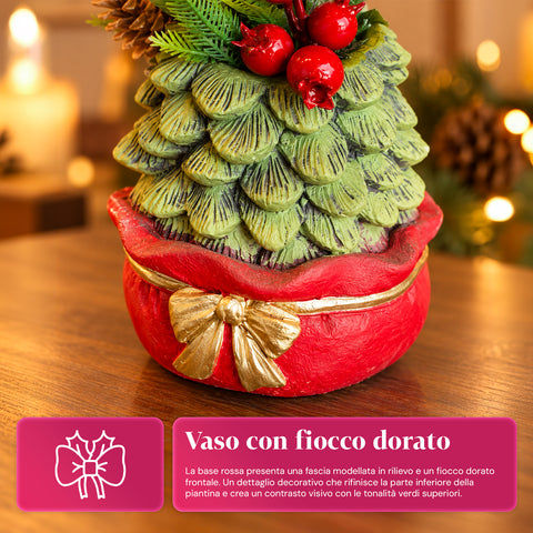 Piantina ornamentale con alberello 20 cm, decorazione natalizia da tavolo con pigne, bacche rosse e fiocco in rilievo, 2 varianti rosso e oro