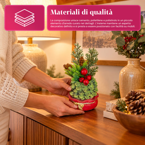 Piantina ornamentale con alberello 20 cm, decorazione natalizia da tavolo con pigne, bacche rosse e fiocco in rilievo, 2 varianti rosso e oro