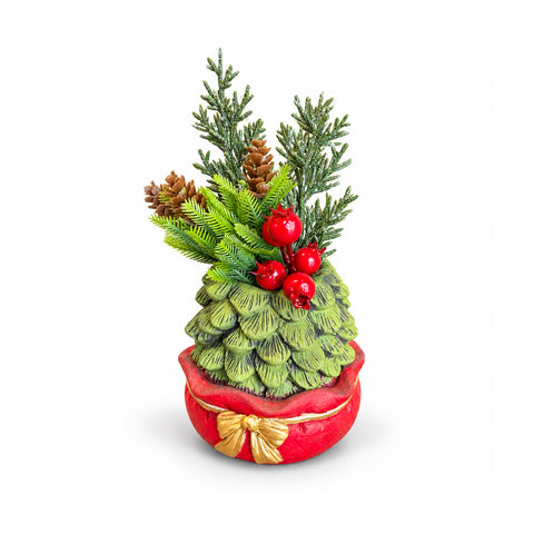 Piantina ornamentale con alberello 20 cm, decorazione natalizia da tavolo con pigne, bacche rosse e fiocco in rilievo, 2 varianti rosso e oro