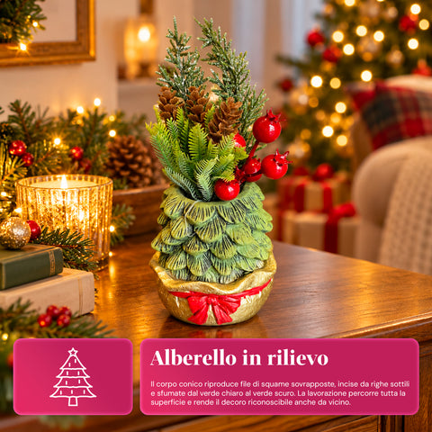 Piantina ornamentale con alberello 20 cm, decorazione natalizia da tavolo con pigne, bacche rosse e fiocco in rilievo, 2 varianti rosso e oro
