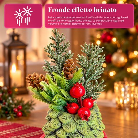 Piantina ornamentale con alberello 20 cm, decorazione natalizia da tavolo con pigne, bacche rosse e fiocco in rilievo, 2 varianti rosso e oro
