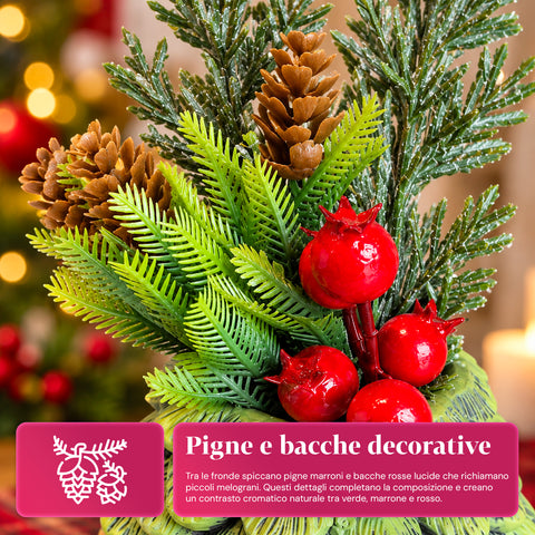 Piantina ornamentale con alberello 20 cm, decorazione natalizia da tavolo con pigne, bacche rosse e fiocco in rilievo, 2 varianti rosso e oro