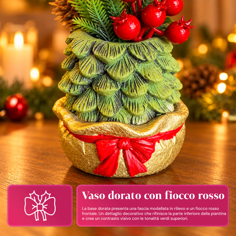 Piantina ornamentale con alberello 20 cm, decorazione natalizia da tavolo con pigne, bacche rosse e fiocco in rilievo, 2 varianti rosso e oro