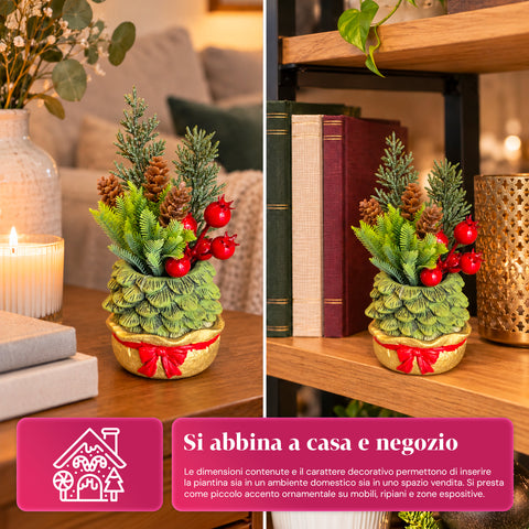 Piantina ornamentale con alberello 20 cm, decorazione natalizia da tavolo con pigne, bacche rosse e fiocco in rilievo, 2 varianti rosso e oro