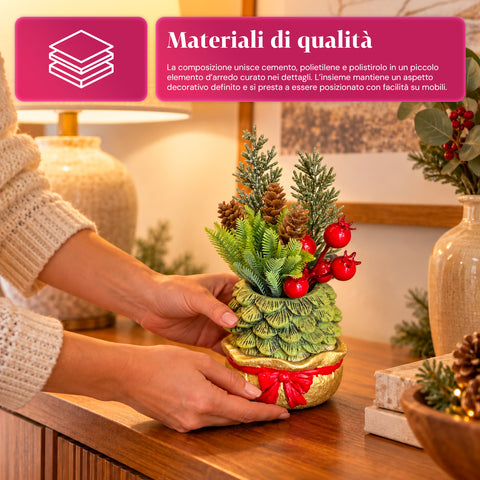 Piantina ornamentale con alberello 20 cm, decorazione natalizia da tavolo con pigne, bacche rosse e fiocco in rilievo, 2 varianti rosso e oro
