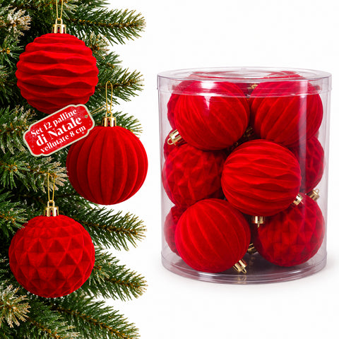 Set 12 palline di Natale vellutate 8 cm, tre trame diverse in ogni confezione, 3 colori disponibili, sfere opache per albero e decorazioni