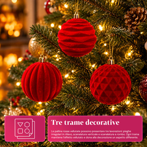 Set 12 palline di Natale vellutate 8 cm, tre trame diverse in ogni confezione, 3 colori disponibili, sfere opache per albero e decorazioni