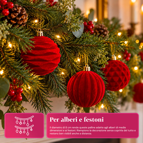 Set 12 palline di Natale vellutate 8 cm, tre trame diverse in ogni confezione, 3 colori disponibili, sfere opache per albero e decorazioni