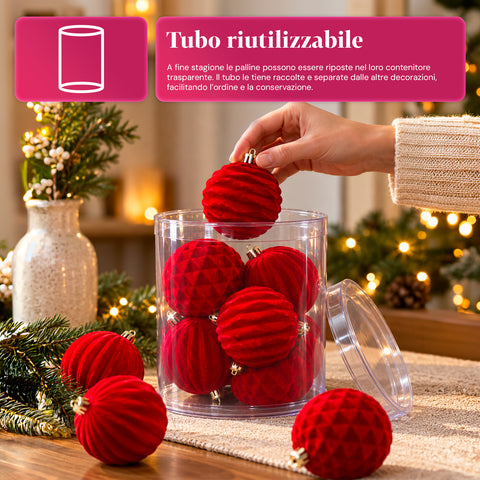 Set 12 palline di Natale vellutate 8 cm, tre trame diverse in ogni confezione, 3 colori disponibili, sfere opache per albero e decorazioni