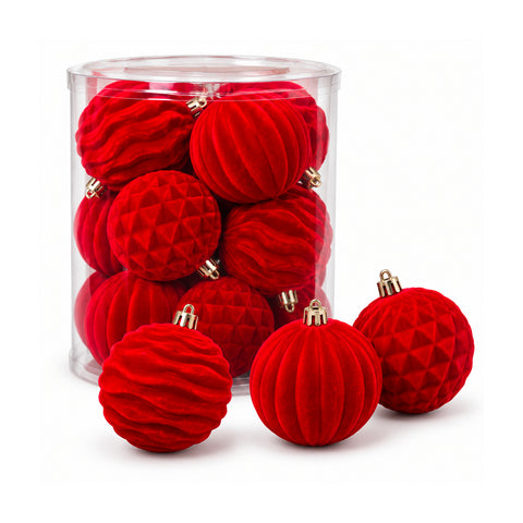 Set 12 palline di Natale vellutate 8 cm, tre trame diverse in ogni confezione, 3 colori disponibili, sfere opache per albero e decorazioni