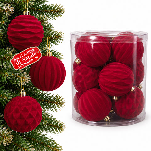 Set 12 palline di Natale vellutate 8 cm, tre trame diverse in ogni confezione, 3 colori disponibili, sfere opache per albero e decorazioni