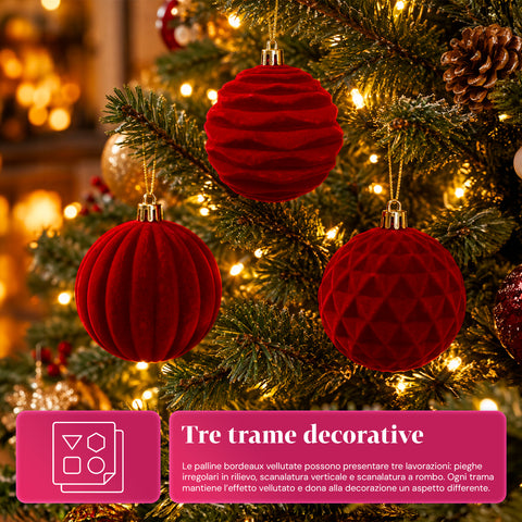 Set 12 palline di Natale vellutate 8 cm, tre trame diverse in ogni confezione, 3 colori disponibili, sfere opache per albero e decorazioni