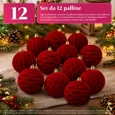 Set 12 palline di Natale vellutate 8 cm, tre trame diverse in ogni confezione, 3 colori disponibili, sfere opache per albero e decorazioni