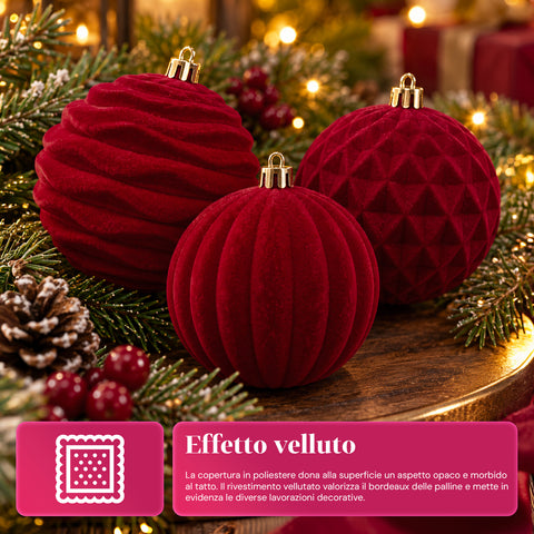 Set 12 palline di Natale vellutate 8 cm, tre trame diverse in ogni confezione, 3 colori disponibili, sfere opache per albero e decorazioni