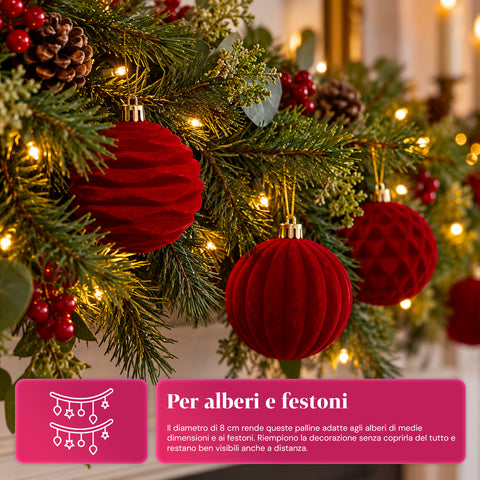 Set 12 palline di Natale vellutate 8 cm, tre trame diverse in ogni confezione, 3 colori disponibili, sfere opache per albero e decorazioni