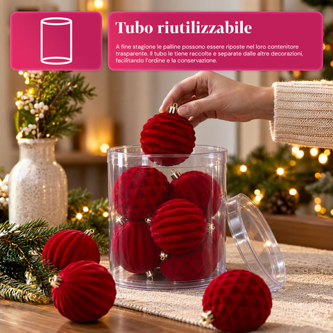 Set 12 palline di Natale vellutate 8 cm, tre trame diverse in ogni confezione, 3 colori disponibili, sfere opache per albero e decorazioni