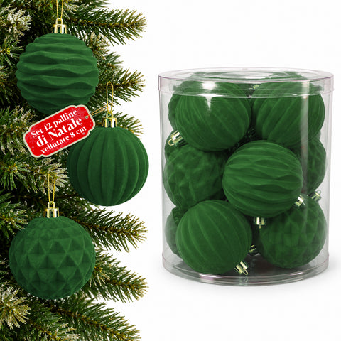 Set 12 palline di Natale vellutate 8 cm, tre trame diverse in ogni confezione, 3 colori disponibili, sfere opache per albero e decorazioni