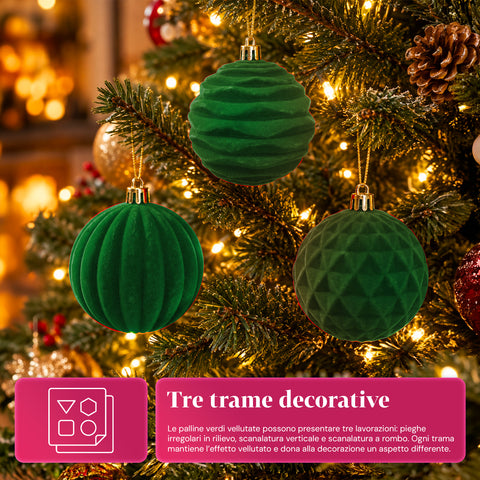 Set 12 palline di Natale vellutate 8 cm, tre trame diverse in ogni confezione, 3 colori disponibili, sfere opache per albero e decorazioni