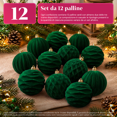Set 12 palline di Natale vellutate 8 cm, tre trame diverse in ogni confezione, 3 colori disponibili, sfere opache per albero e decorazioni