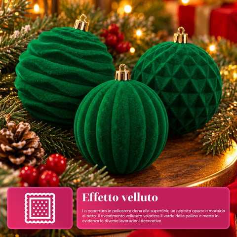 Set 12 palline di Natale vellutate 8 cm, tre trame diverse in ogni confezione, 3 colori disponibili, sfere opache per albero e decorazioni