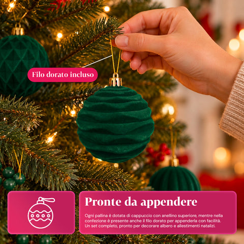 Set 12 palline di Natale vellutate 8 cm, tre trame diverse in ogni confezione, 3 colori disponibili, sfere opache per albero e decorazioni