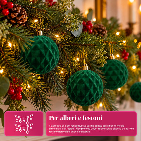 Set 12 palline di Natale vellutate 8 cm, tre trame diverse in ogni confezione, 3 colori disponibili, sfere opache per albero e decorazioni