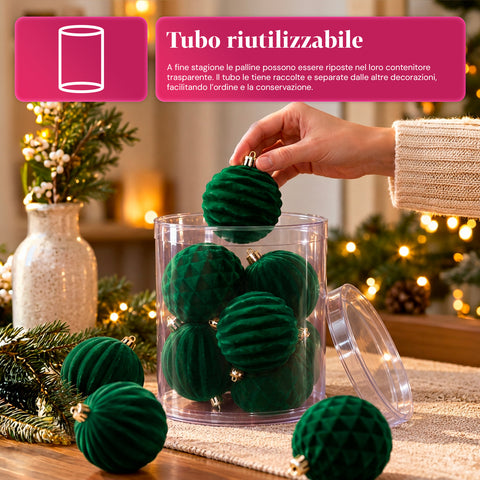 Set 12 palline di Natale vellutate 8 cm, tre trame diverse in ogni confezione, 3 colori disponibili, sfere opache per albero e decorazioni