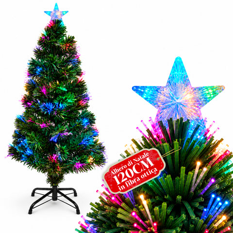Albero di Natale in fibra ottica con giochi di luce e puntale a stella, 2 altezze 120 e 180 cm, rami in PVC, alimentazione con trasformatore