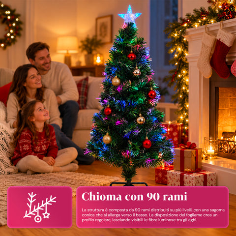 Albero di Natale in fibra ottica con giochi di luce e puntale a stella, 2 altezze 120 e 180 cm, rami in PVC, alimentazione con trasformatore