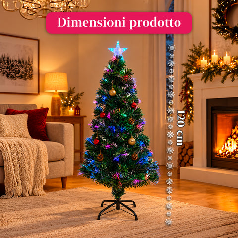 Albero di Natale in fibra ottica con giochi di luce e puntale a stella, 2 altezze 120 e 180 cm, rami in PVC, alimentazione con trasformatore