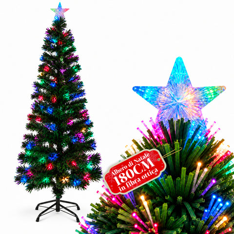 Albero di Natale in fibra ottica con giochi di luce e puntale a stella, 2 altezze 120 e 180 cm, rami in PVC, alimentazione con trasformatore