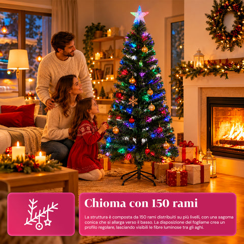 Albero di Natale in fibra ottica con giochi di luce e puntale a stella, 2 altezze 120 e 180 cm, rami in PVC, alimentazione con trasformatore