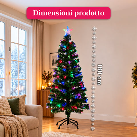 Albero di Natale in fibra ottica con giochi di luce e puntale a stella, 2 altezze 120 e 180 cm, rami in PVC, alimentazione con trasformatore