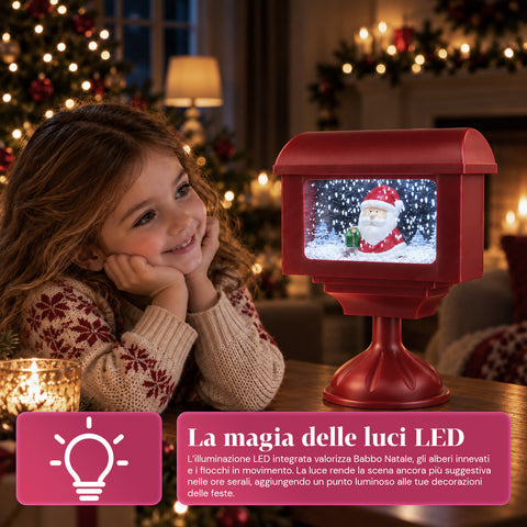 Lampione decorativo natalizio a cassetta postale con effetto neve, luci LED e musica, 2 varianti Babbo Natale o Orsetto, altezza 41 cm, a batterie