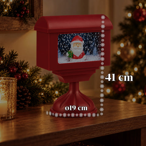 Lampione decorativo natalizio a cassetta postale con effetto neve, luci LED e musica, 2 varianti Babbo Natale o Orsetto, altezza 41 cm, a batterie