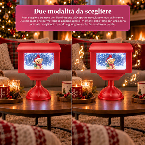 Lampione decorativo natalizio a cassetta postale con effetto neve, luci LED e musica, 2 varianti Babbo Natale o Orsetto, altezza 41 cm, a batterie
