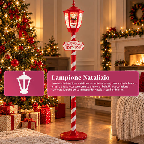 Lampione Natalizio Rosso 180 cm con Neve, Luce LED e Musica, 2 Varianti Babbo Natale o Orsetto, Effetto Palla di Vetro, Addobbo di Natale da Terra
